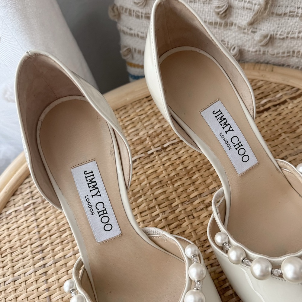 Jimmy Choo Aurelie 85 Latte White Faux Pearl Embellished Patent Leather Pumps 39 - Picture 9 of 11